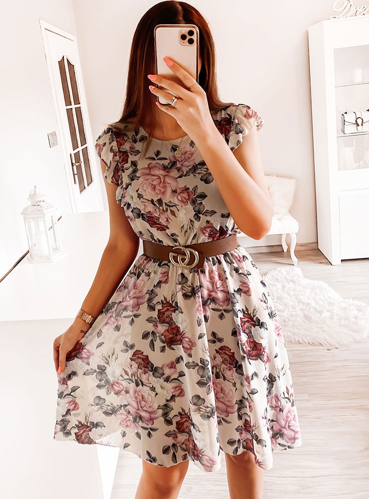 Beżowa sukienka w kwiaty Klaudyna