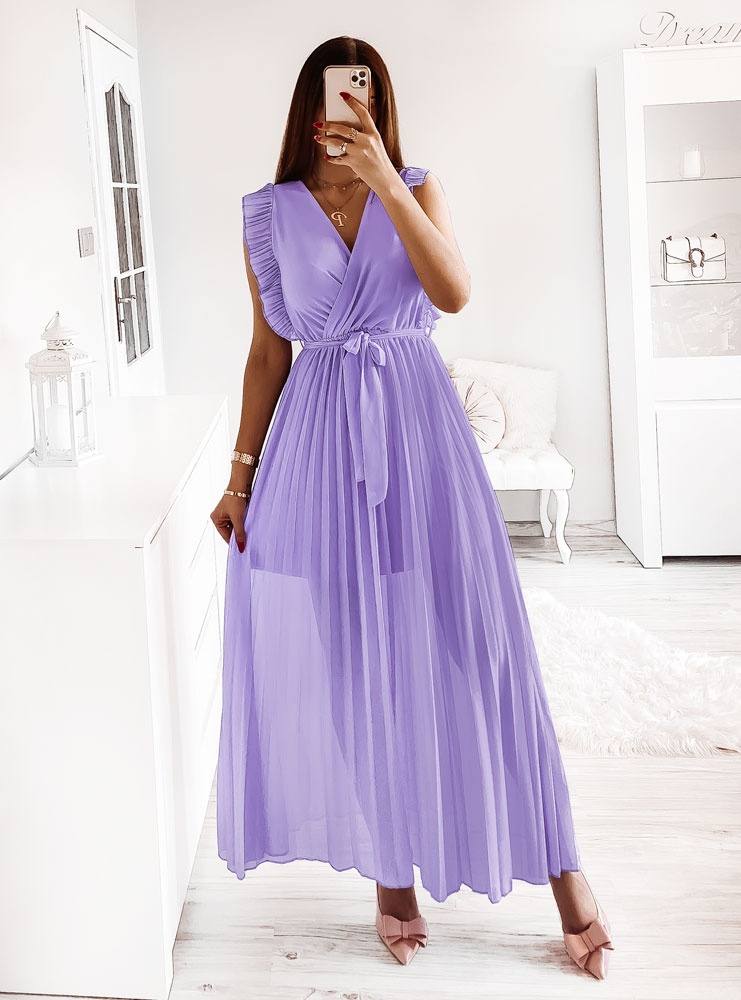 Długa liliowa sukienka z plisowanym...