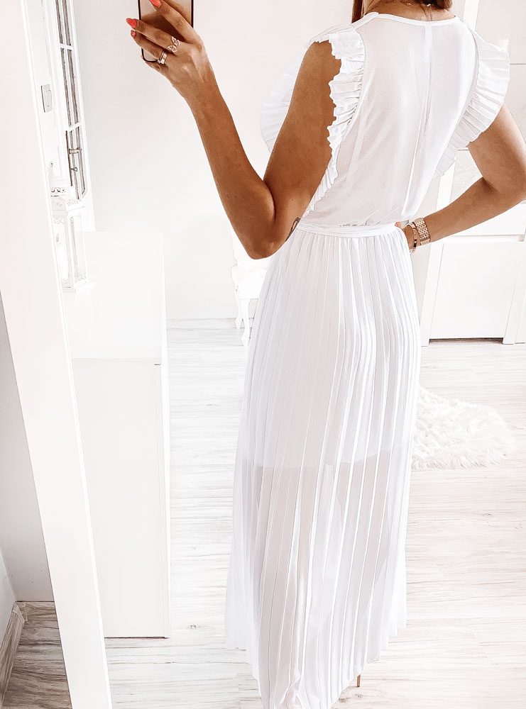 Długa biała sukienka z plisowanym...