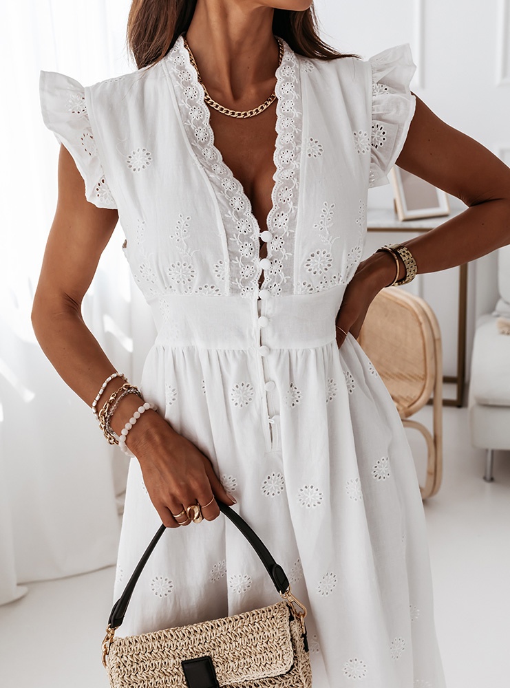 Biała ażurkowa sukienka z guzikami Elara