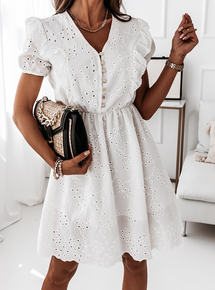 Biała ażurkowa sukienka z guziczkami...