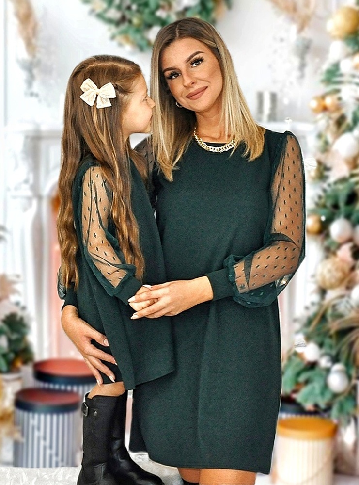 Zestaw trapezowych sukienek z tiulowymi rękawami mama i córka Zusa - butelkowa zieleń