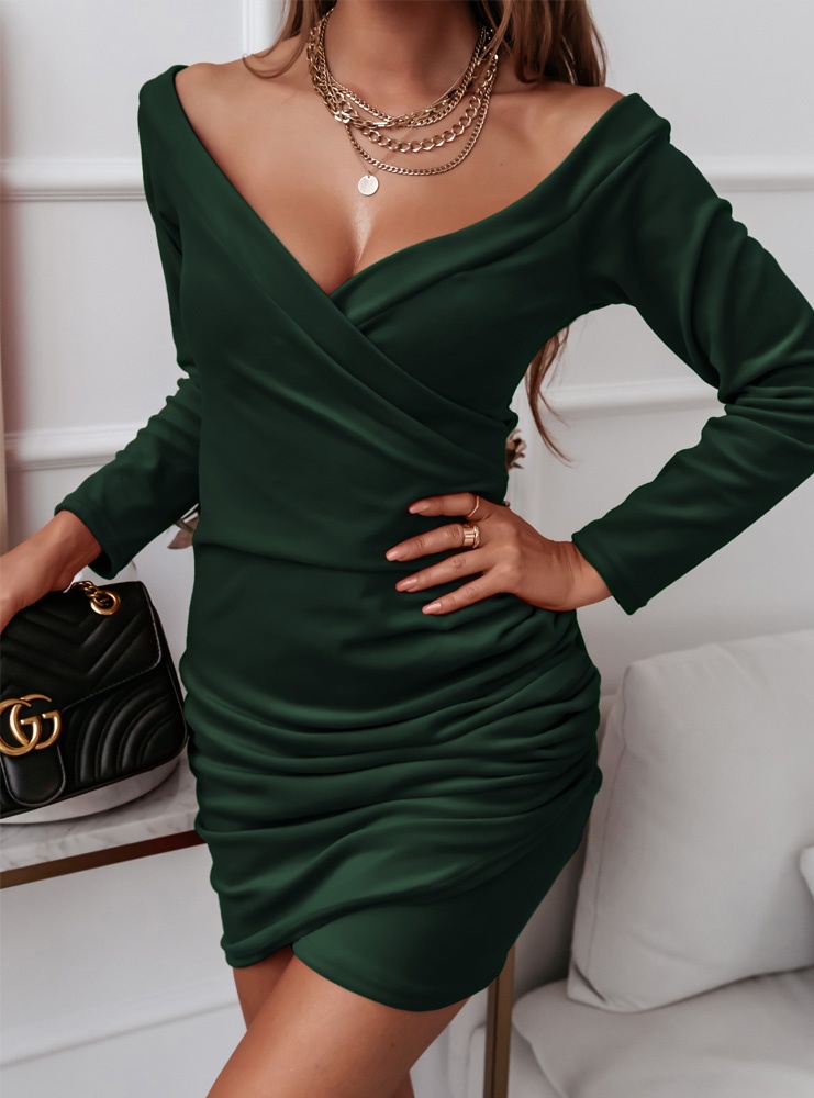 Welurowa sukienka z przekładanym dekoltem Nolitaa - butelkowa zieleń