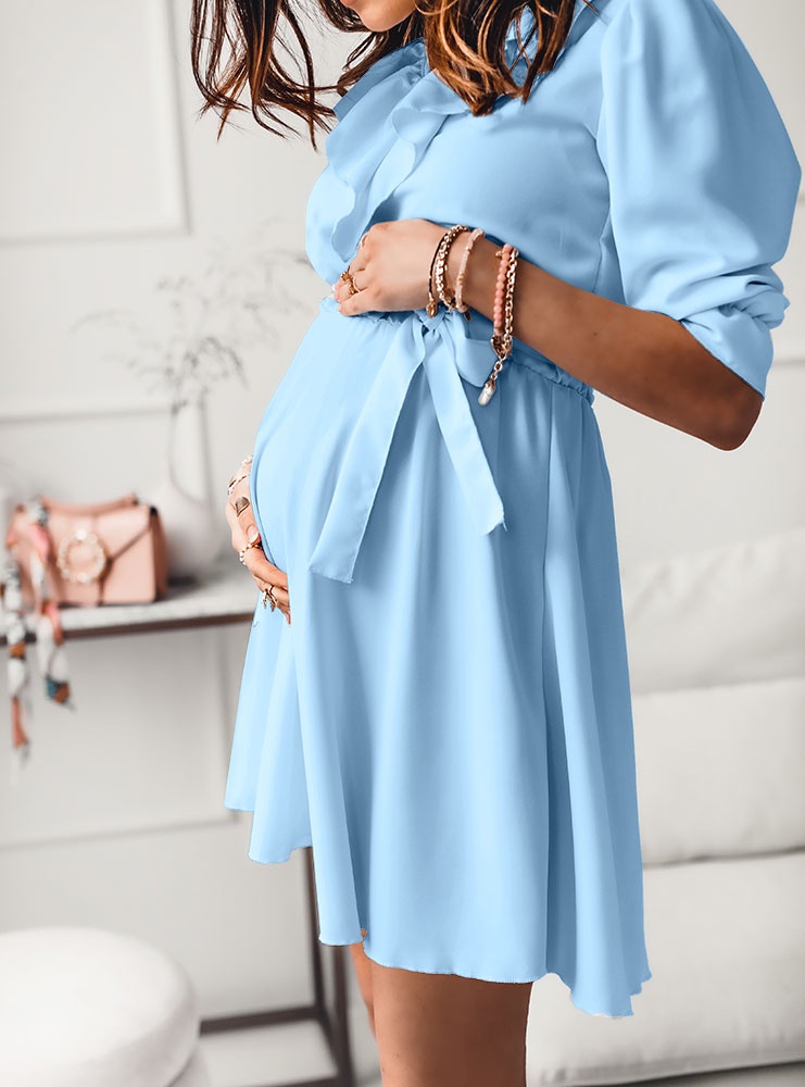 Błękitna ciążowa sukienka z żabotem...
