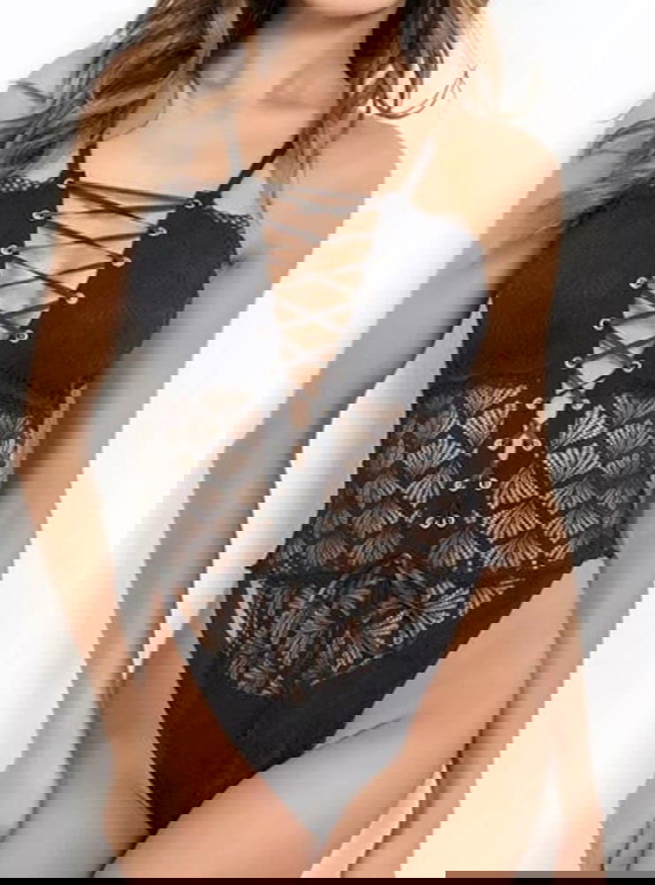 Czarne koronkowe body z ozdobnym...