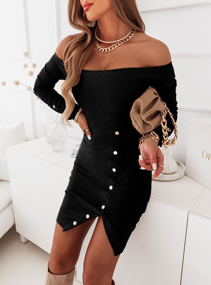Czarna prążkowana sukienka hiszpanka z ozdobnymi guzikami Moralla - czarny