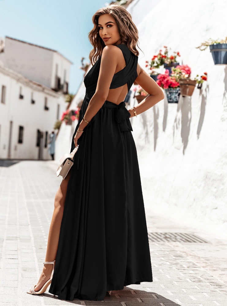 Czarna długa satynowa sukienka -...