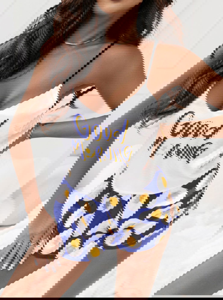 Granatowa satynowa piżama z modnym...