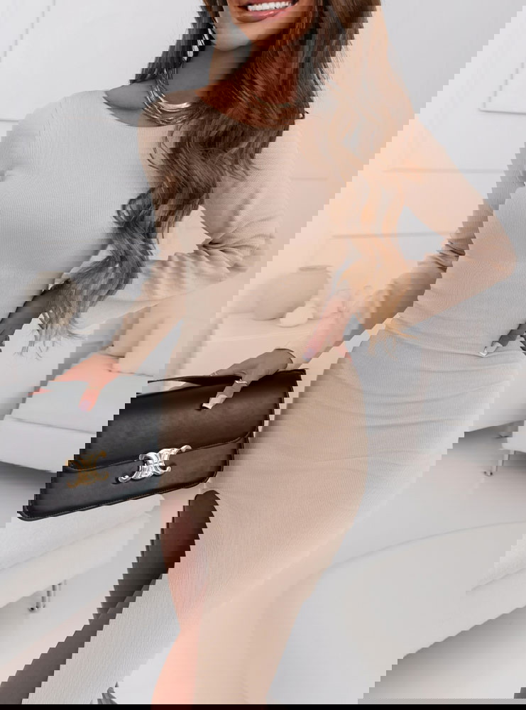 Beżowa prążkowana sukienka z...