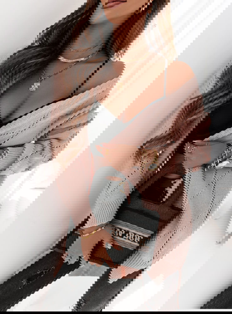 Pudrowy ażurkowy kardigan Bozzi