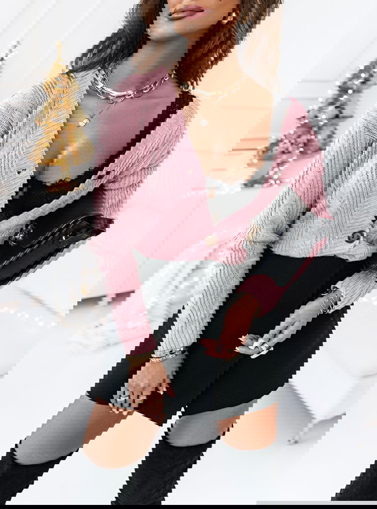 Pudrowy rozpinany sweter z ozdobnym...