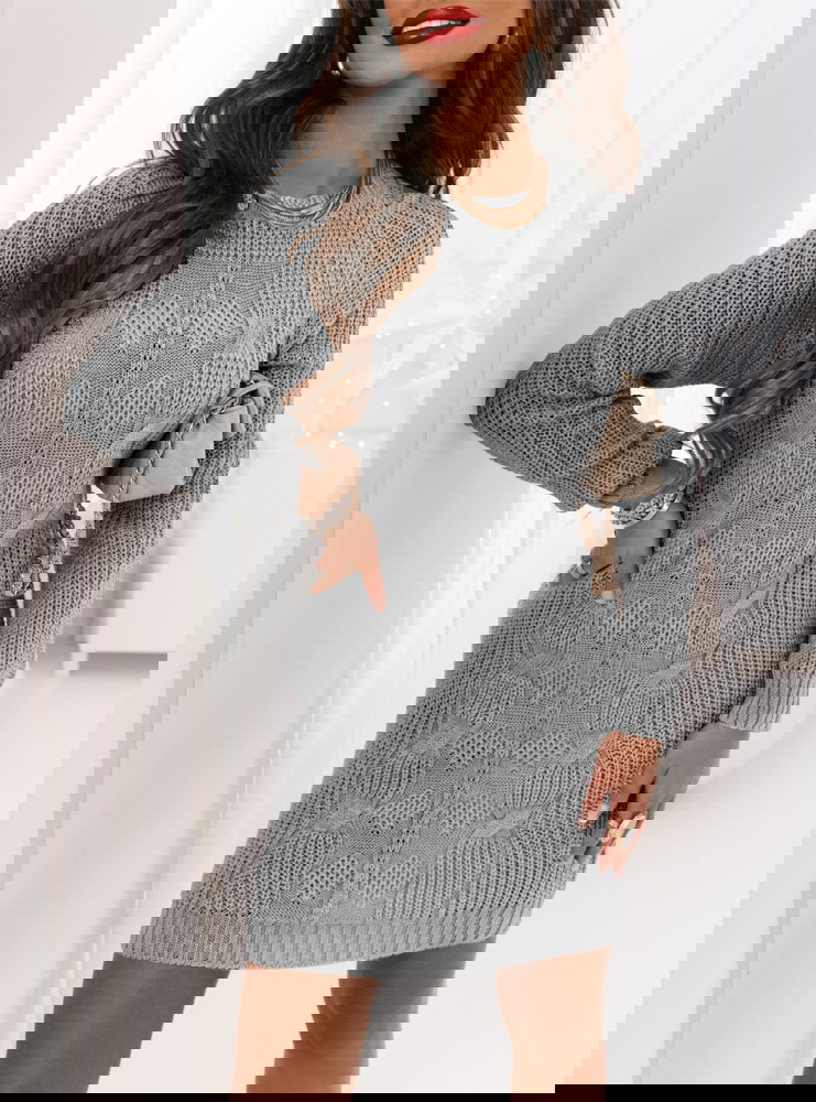 Szara swetrowa sukienka z ozdobnymi...