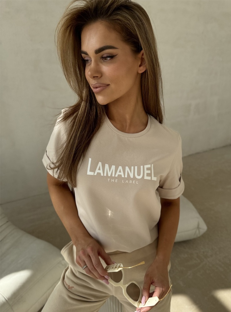 Beżowy t-shirt Lamanuel z podwijanymi...