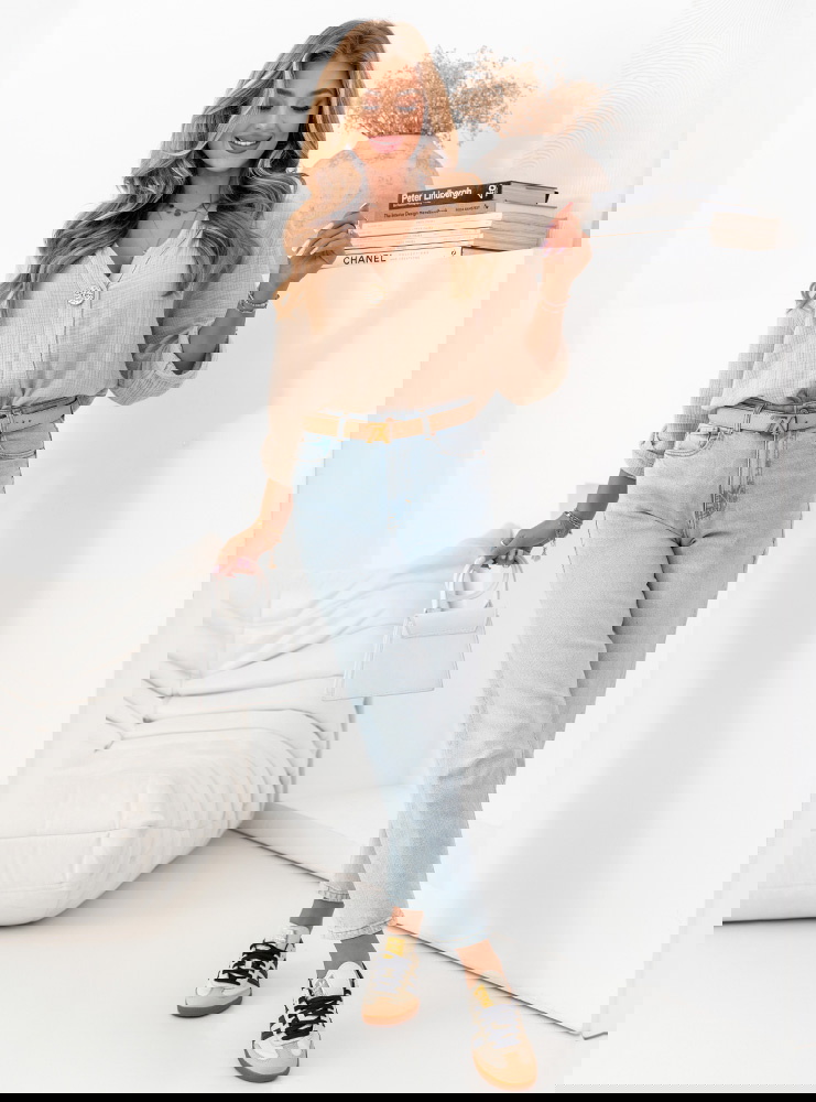 Beżowa muślinowa bluzka z ozdobnym...