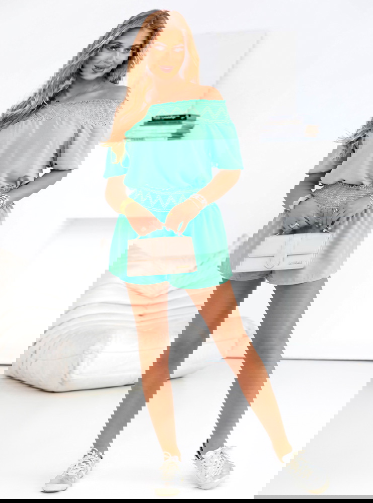 Miętowy komplet bluzka typu hiszpanka...