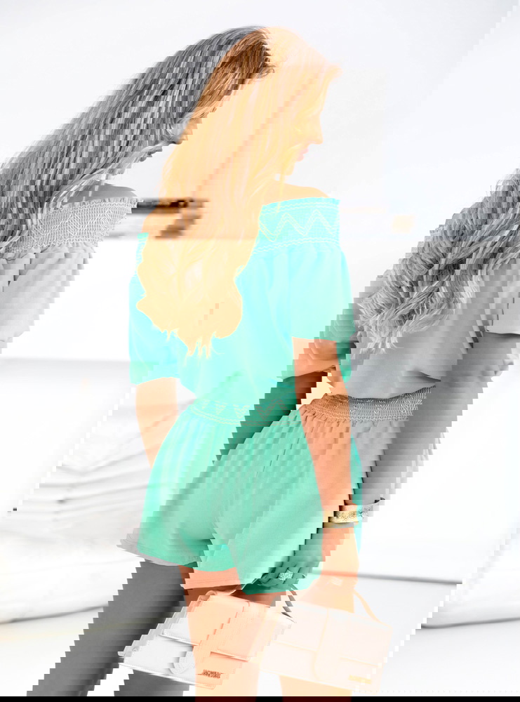 Miętowy komplet bluzka typu hiszpanka...