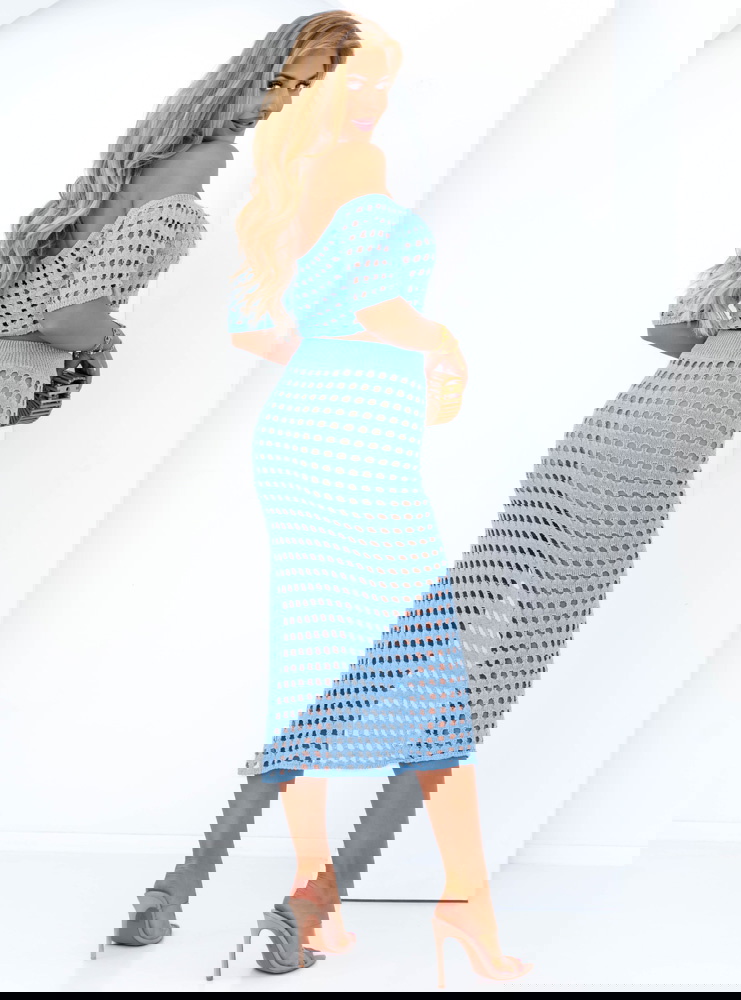 Błękitny komplet ażurowy top+spódnica...