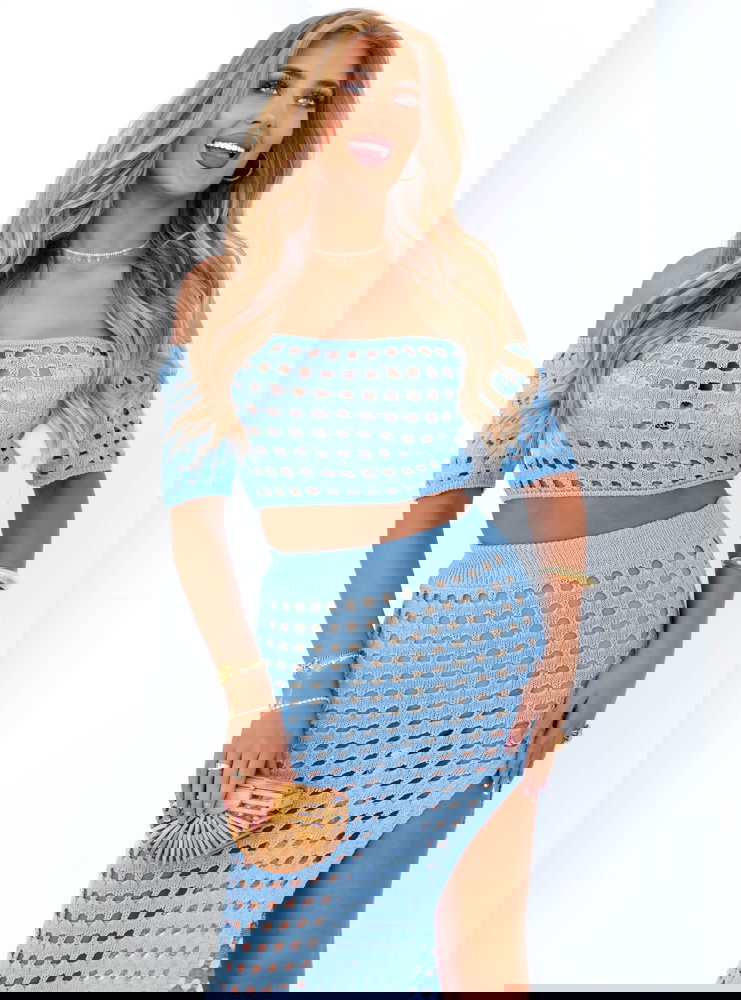 Błękitny komplet ażurowy top+spódnica...