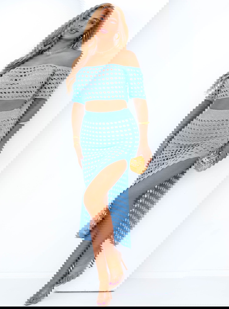 Błękitny komplet ażurowy top+spódnica...