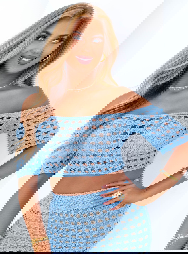 Błękitny komplet ażurowy top+spódnica...