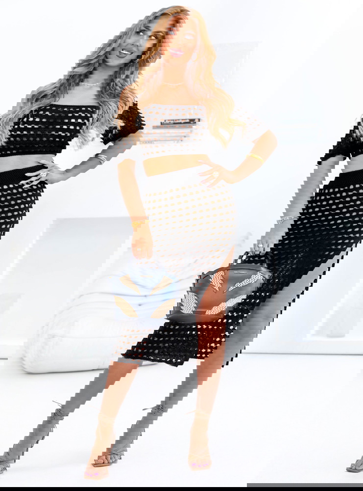 Czarny komplet ażurowy top+spódnica...