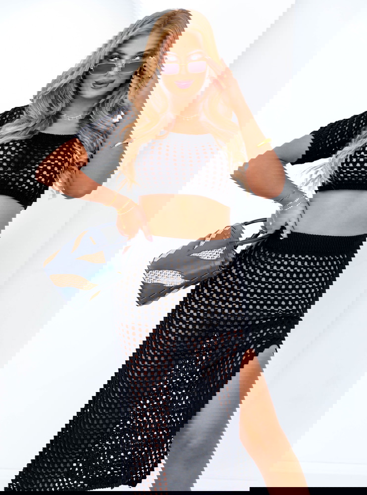 Czarny ażurowy komplet top i spódnica...