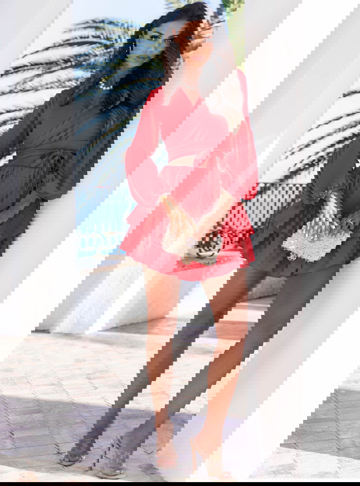 Malinowy komplet bluzka z wiązaniem i...