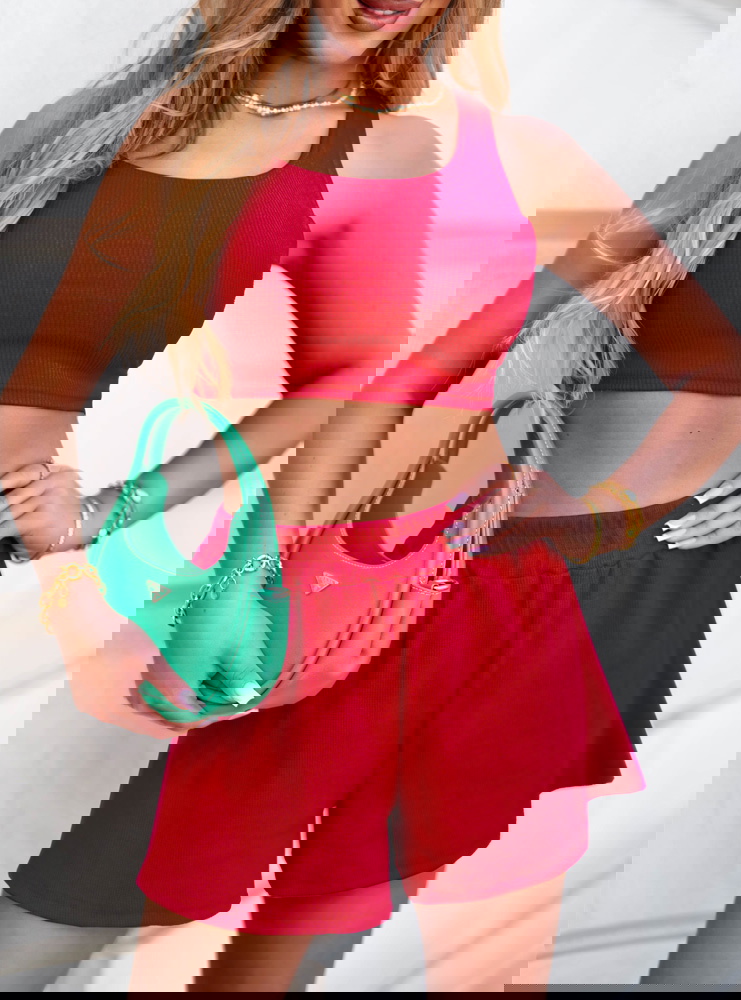 Malinowy prążkowany komplet top i...