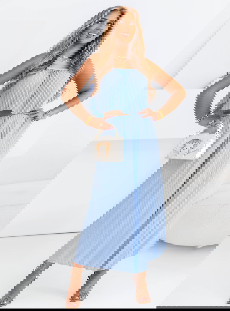 Błękitny plisowany komplet top i...