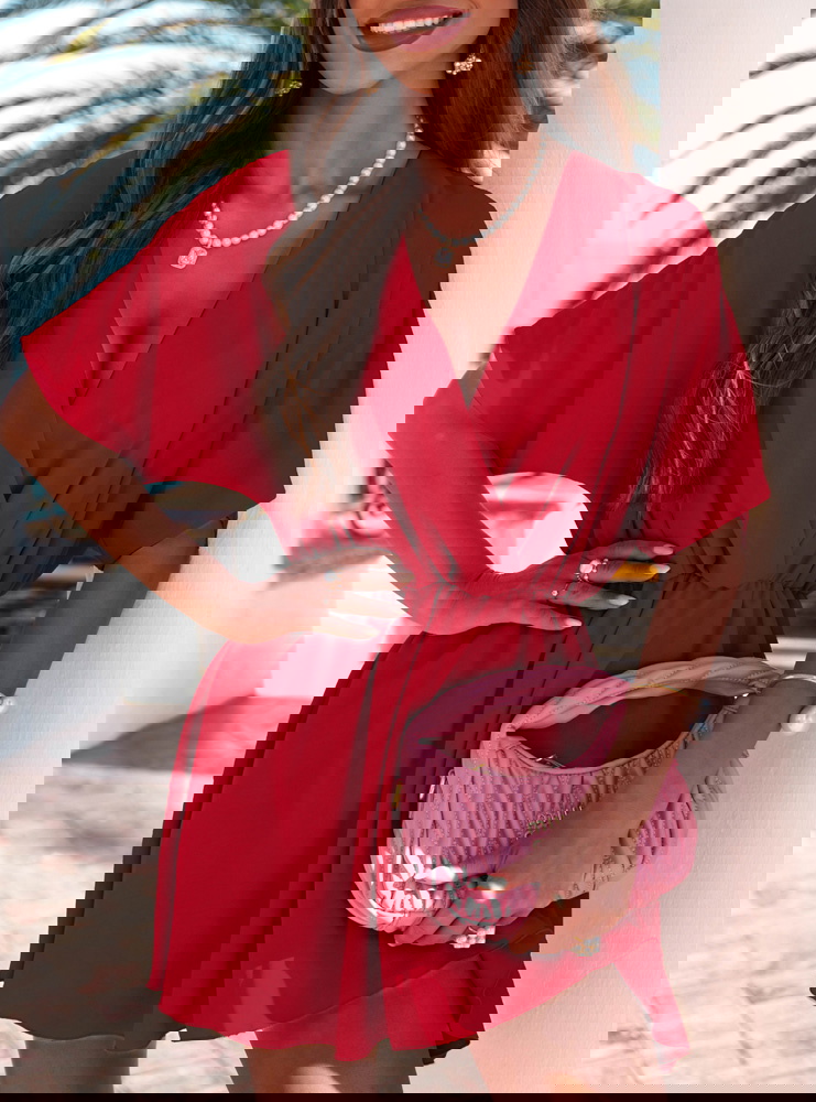 Malinowy kombinezon jak sukienka z...