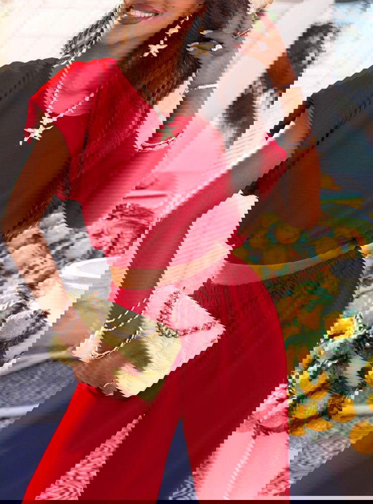 Malinowy komplet top + spodnie Sveva