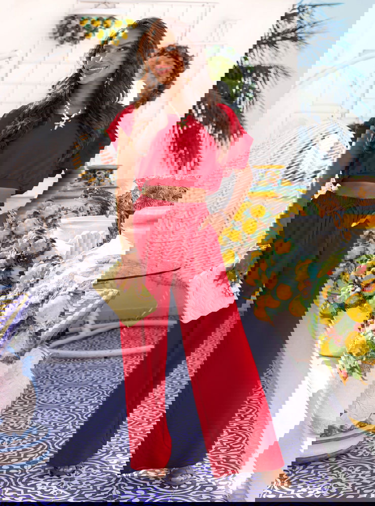 Malinowy komplet top + spodnie Sveva