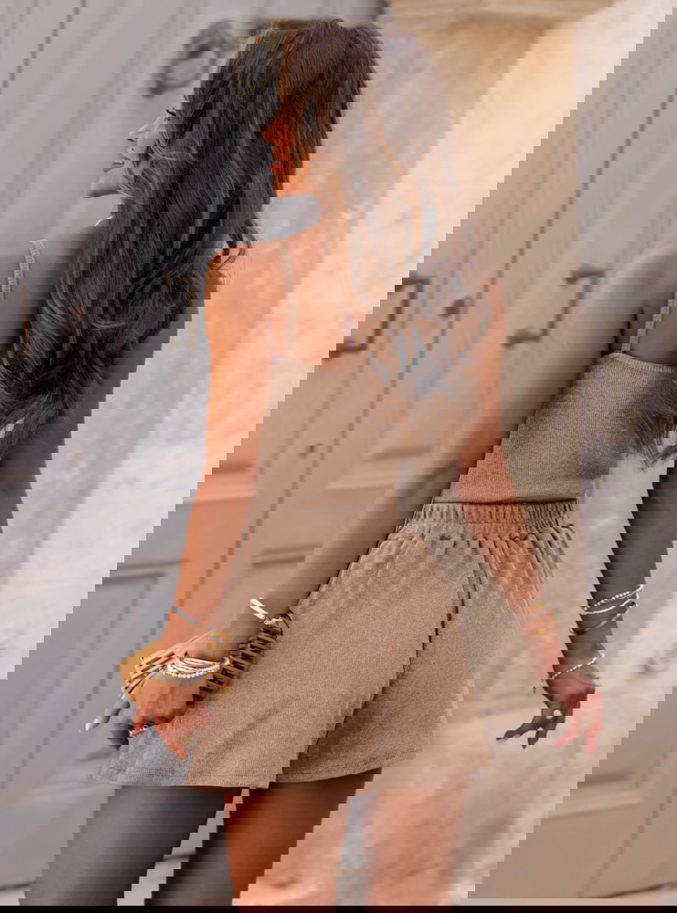 Beżowy prążkowany komplet bluzka na...