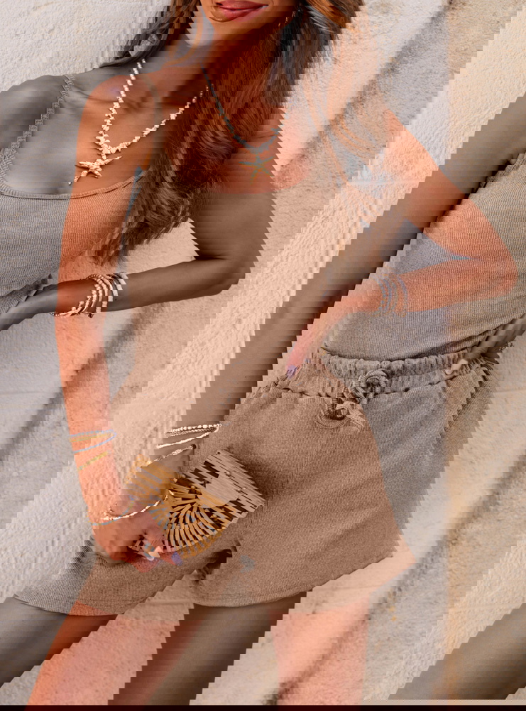 Beżowy prążkowany komplet bluzka na...