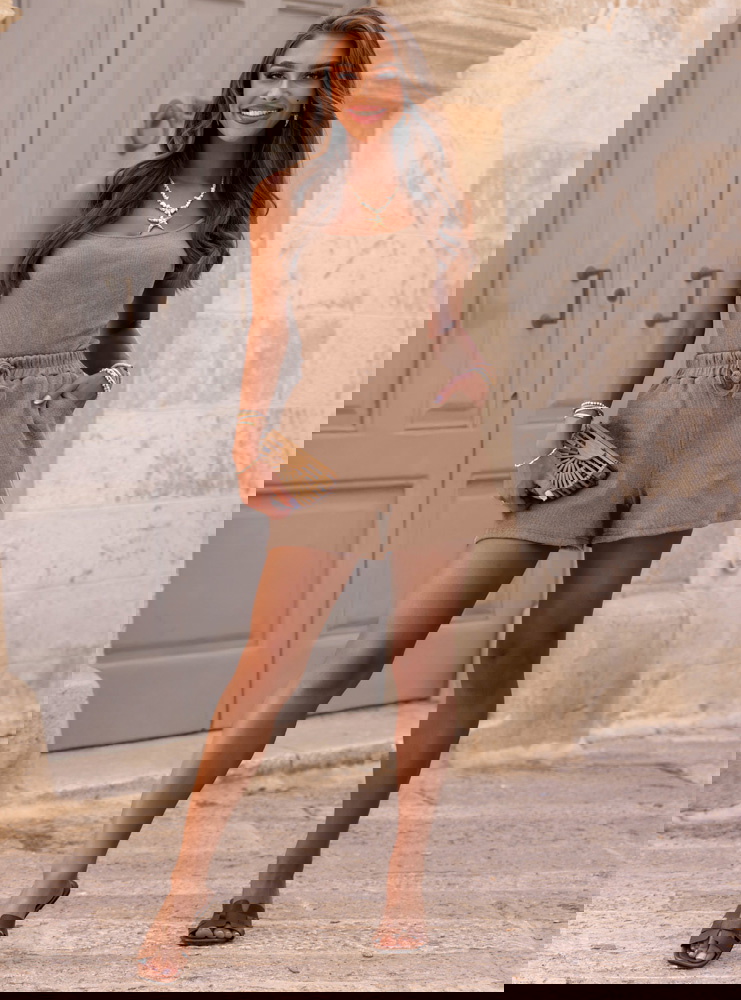 Beżowy prążkowany komplet bluzka na...