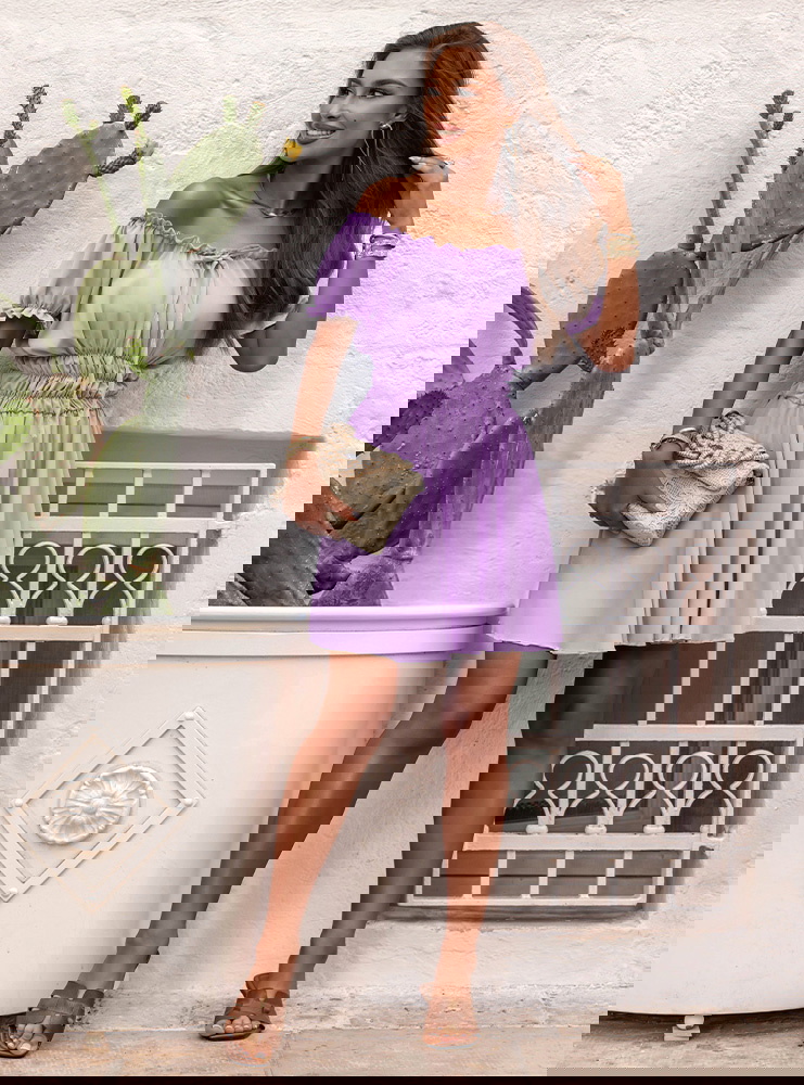 Liliowa sukienka mini typu hiszpanka...