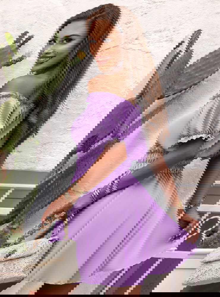 Liliowa sukienka mini typu hiszpanka...