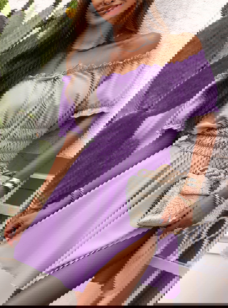 Liliowa sukienka mini typu hiszpanka...