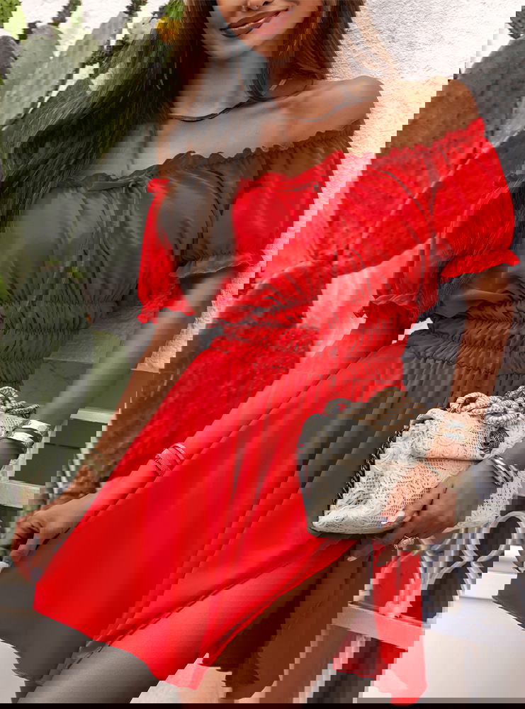 Malinowa sukienka mini typu hiszpanka...