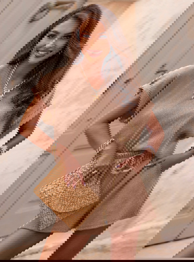 Beżowy prążkowany komplet top i...