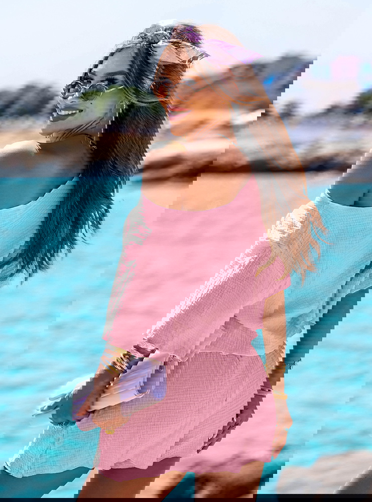 Pudrowy muślinowy komplet szorty i...