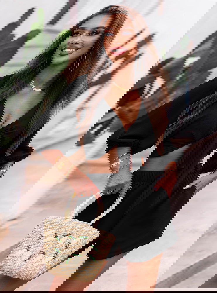 Czarny komplet top z bufiastymi...