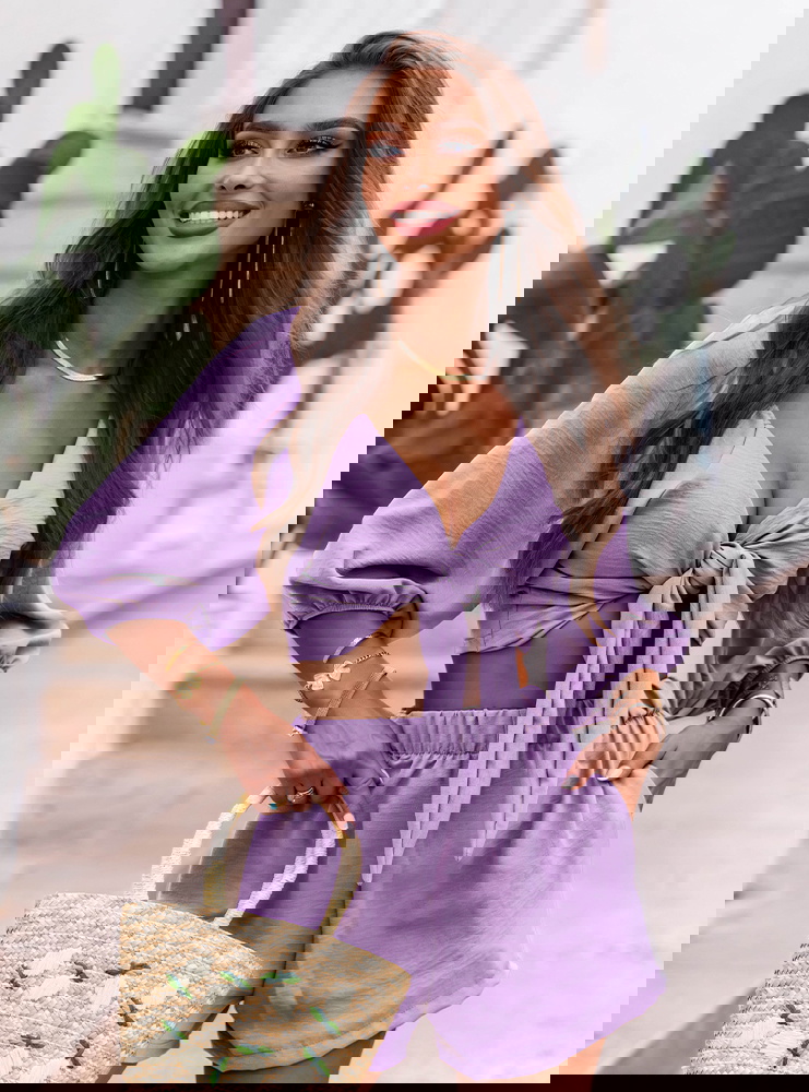 Liliowy komplet top z bufiastymi...