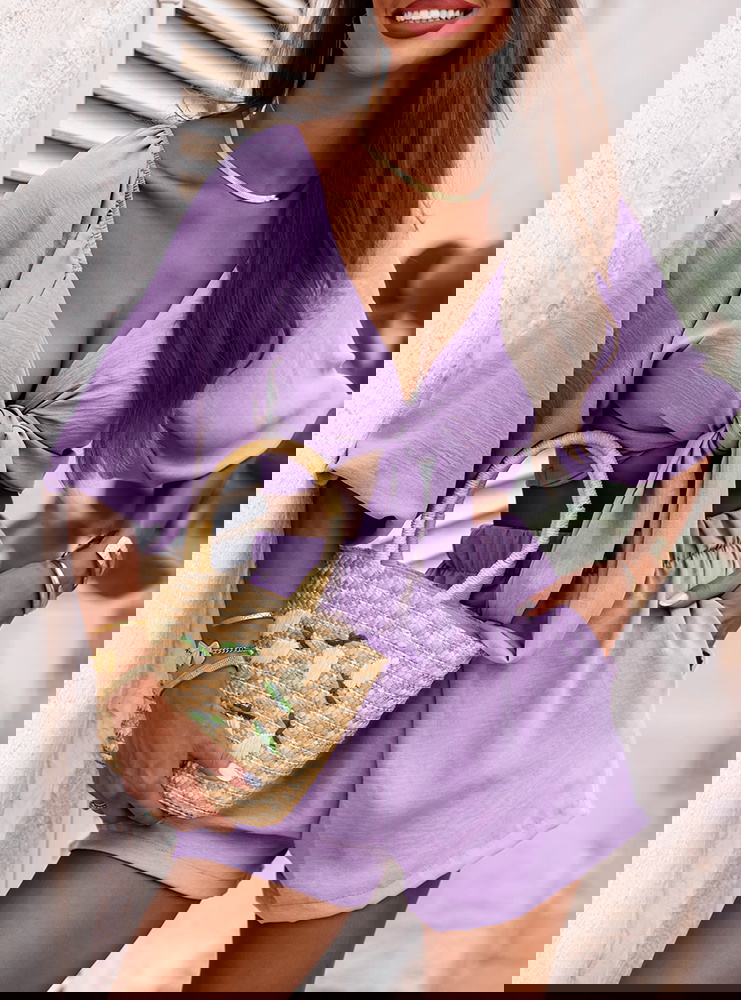 Liliowy komplet top z bufiastymi...