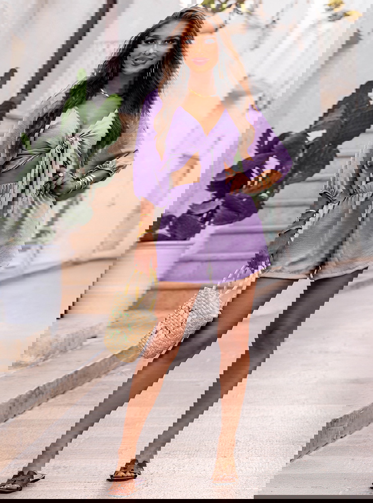 Liliowy komplet top z bufiastymi...