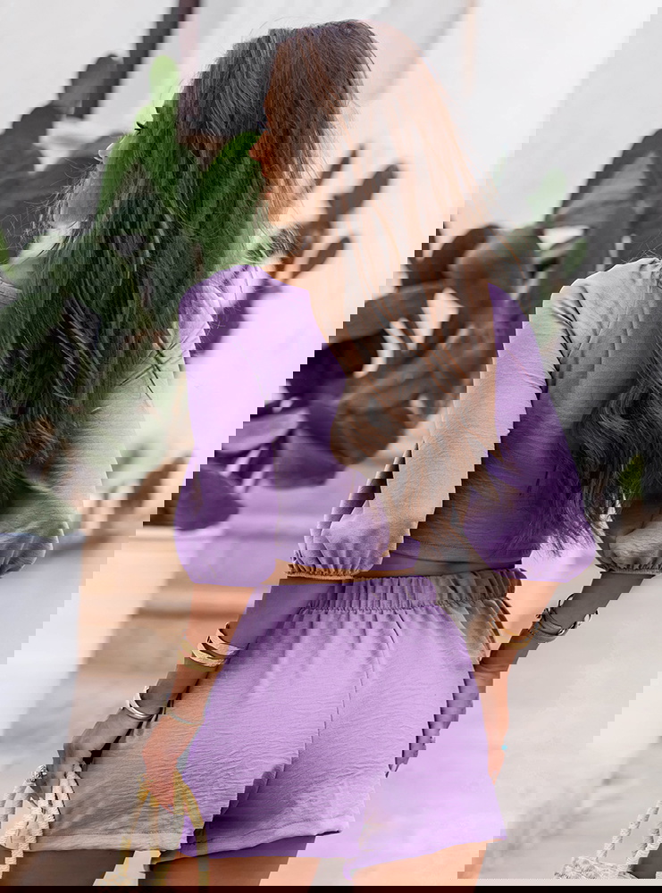 Liliowy komplet top z bufiastymi...