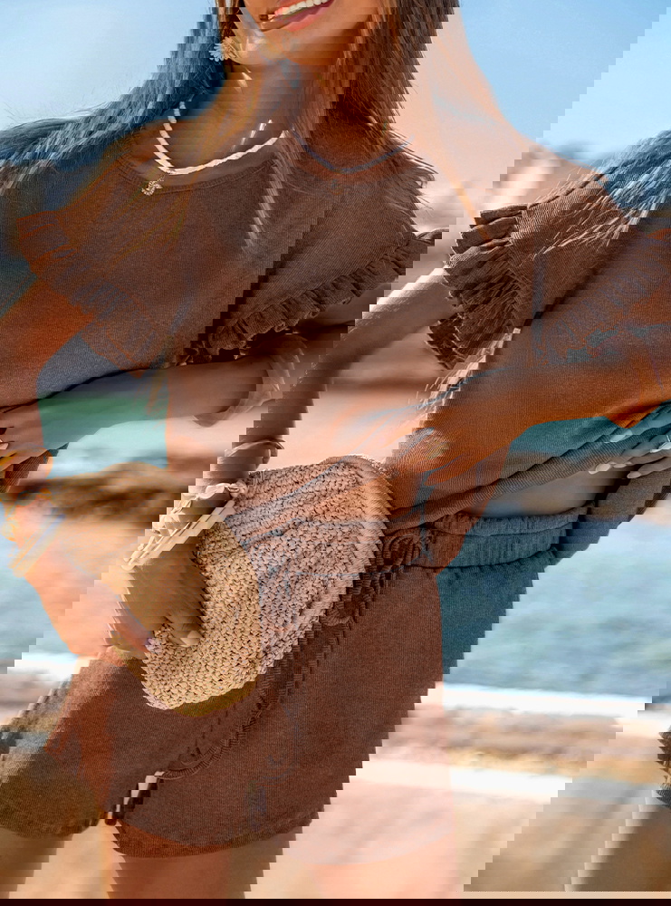 Prążkowany komplet bluzka falbowana i...