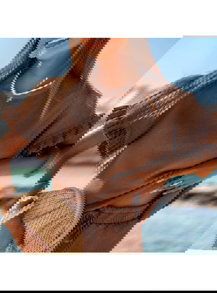 Prążkowany komplet bluzka falbowana i...