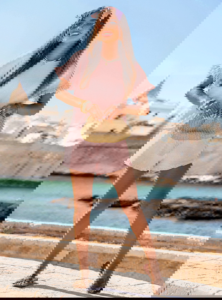 Pudrowy prążkowany komplet bluzka...