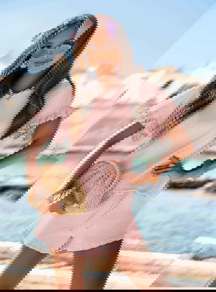 Pudrowy prążkowany komplet bluzka...